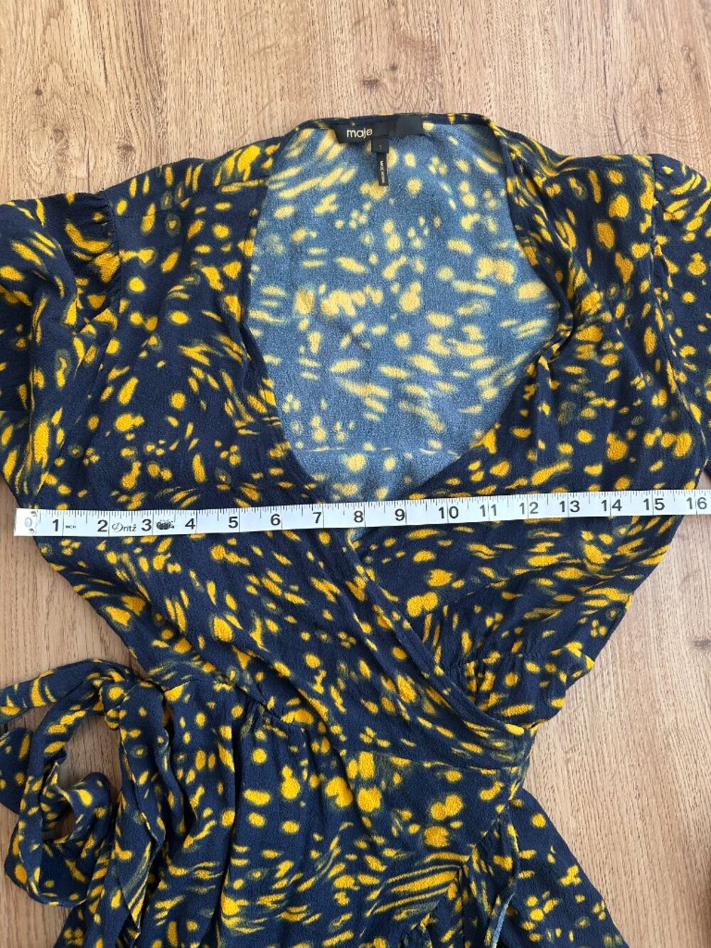 Maje Rosetta Swirling Dot Wrap Dress Ruffle Mini Navy Yellow Size 1 - Picture 12 of 12